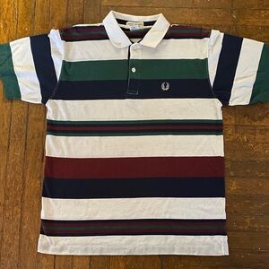 VINTAGE 80s FRED PERRY White with Navy Blue Green & Maroon Large Polo Shirt